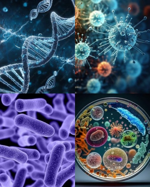 HICH:What biological entities, from DNA and viruses to bacteria and other microbes, are depicted in these images?