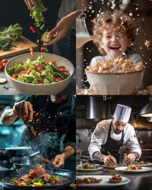HICH:what activities related to cooking & eating are depicted in these images?