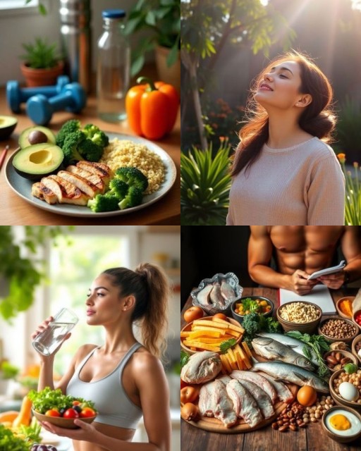 HICH:What healthy habits, including diet, hydration, and sunlight, are being showcased in these images?