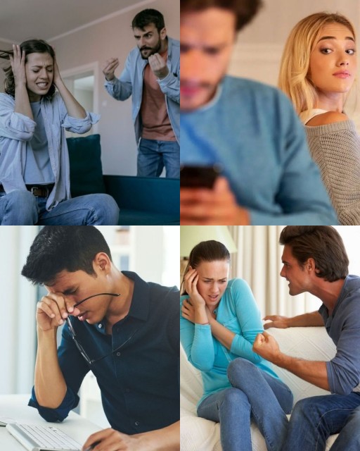 HICH:What emotional states and interpersonal conflicts are depicted across these scenes of anger, jealousy, argument and overwhelming stress?