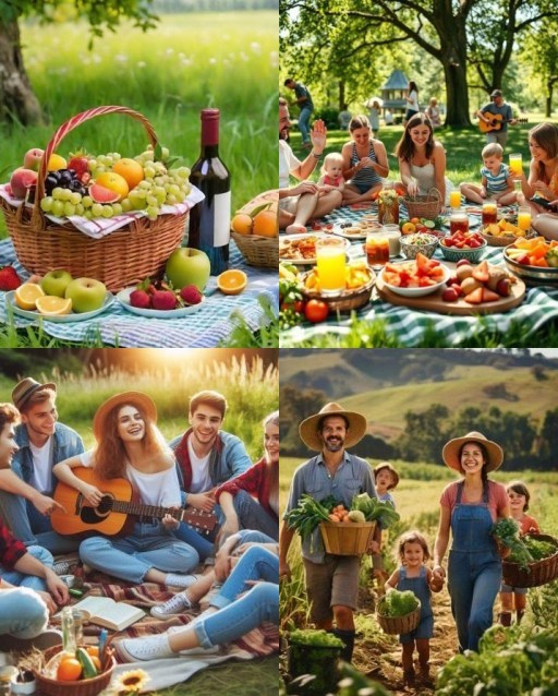 HICH:What kind of outdoor gatherings, from family farming to relaxed picnics with friends and abundant food, are depicted in these images?