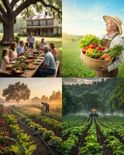HICH:Which of these images best represents different aspects of farming and its bounty, from cultivation and care to harvest and enjoyment?