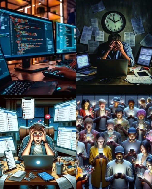 HICH:What do these images collectively say about the impact of technology and digital interfaces on modern life, work, and human interaction?