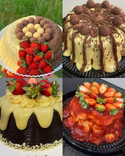 HICH:Delícia de bolos com cobertura de leite condensado, frutas e com chocolate fica mais gostoso ainda.😍😍😍😍😍