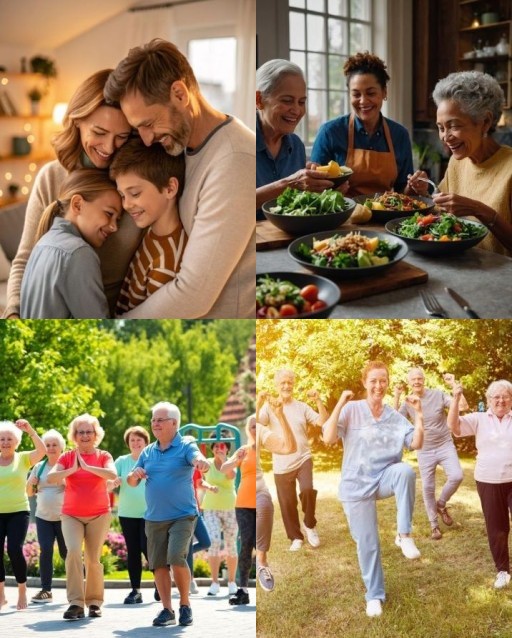 HICH:What healthy and happy activities are these people engaging in across different generations and settings?