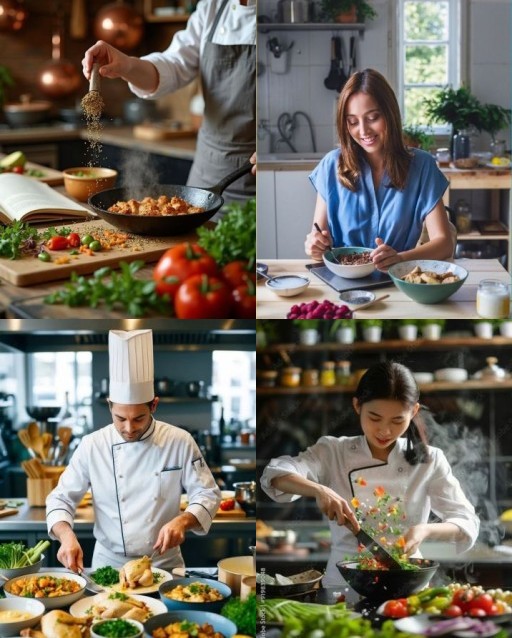 HICH:What activities related to cooking and eating are depicted in these images?