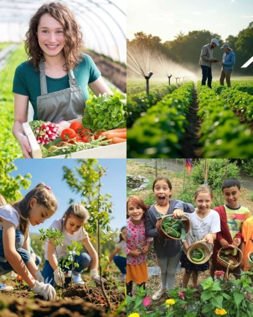 HICH:Which of these images best represents sustainable agricultural practices, from community gardening to modern farming techniques?
