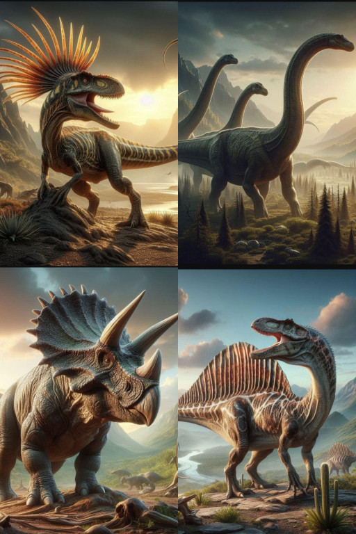 HICH:Dinosaurs are a diverse group of reptiles of the clade Dinosauria.They first appeared during the Triassic period between 243- 233.23 million years ago