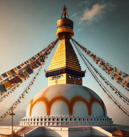 HICH:What is the significance of the central golden structure (A Stupa) with a pointed top ?