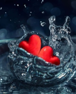 HICH:What could the two red heart shapes splashing into water best symbolize?