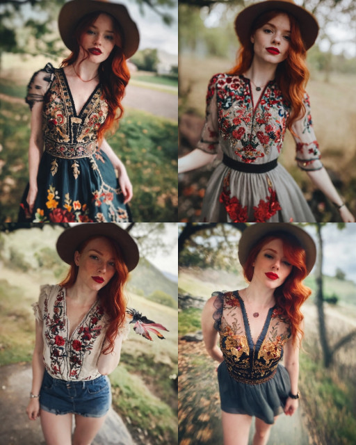 HICH:A redhead with lipstick, wearing a detailed embroidered dress, takes a stunning blurry selfie, in different locations.