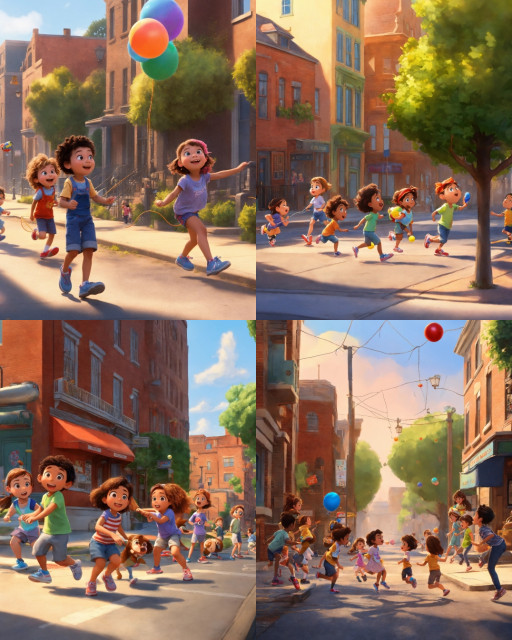 HICH:Spread across the street there are several groups of children playing. Some are playing with a ball, others are jumping rope
