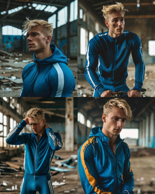 HICH:A sporty, handsome man who is 25 years old, is crying. He has blond hair and is wearing a tight blue tracksuit of a bicycle racer