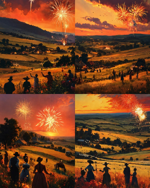 HICH:A landscape of farmland at sunset, with fireworks and people celebrating