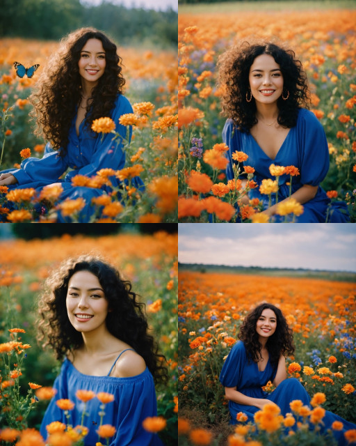 HICH:front view, happy stunning woman with curly long dark hair, wearing blue clothes sit in a beautiful field of flowers, colorful flowers everywhere