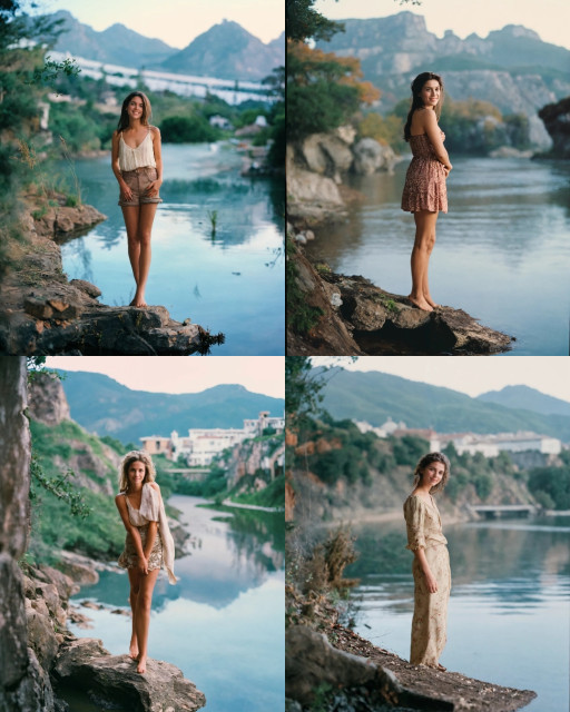 HICH:A model taking a photoshoot near a river.